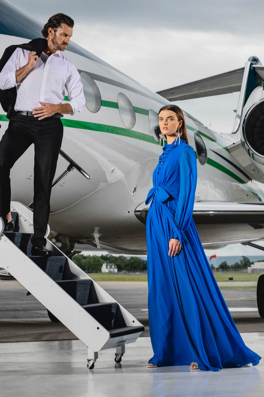 Blue | Ruffled V-Neck Gown with Sash Belt