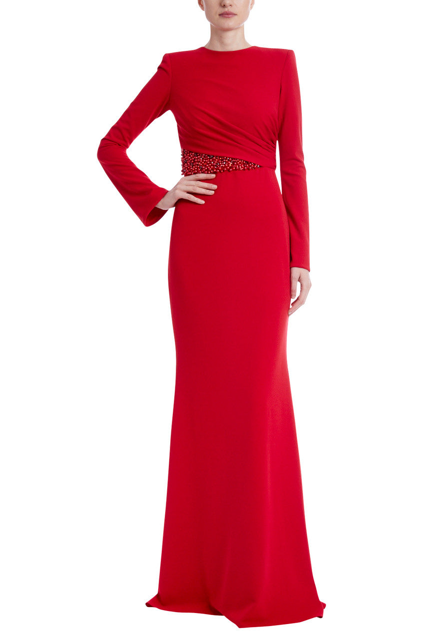 Red | Beaded Waist Gown with Long Sleeves