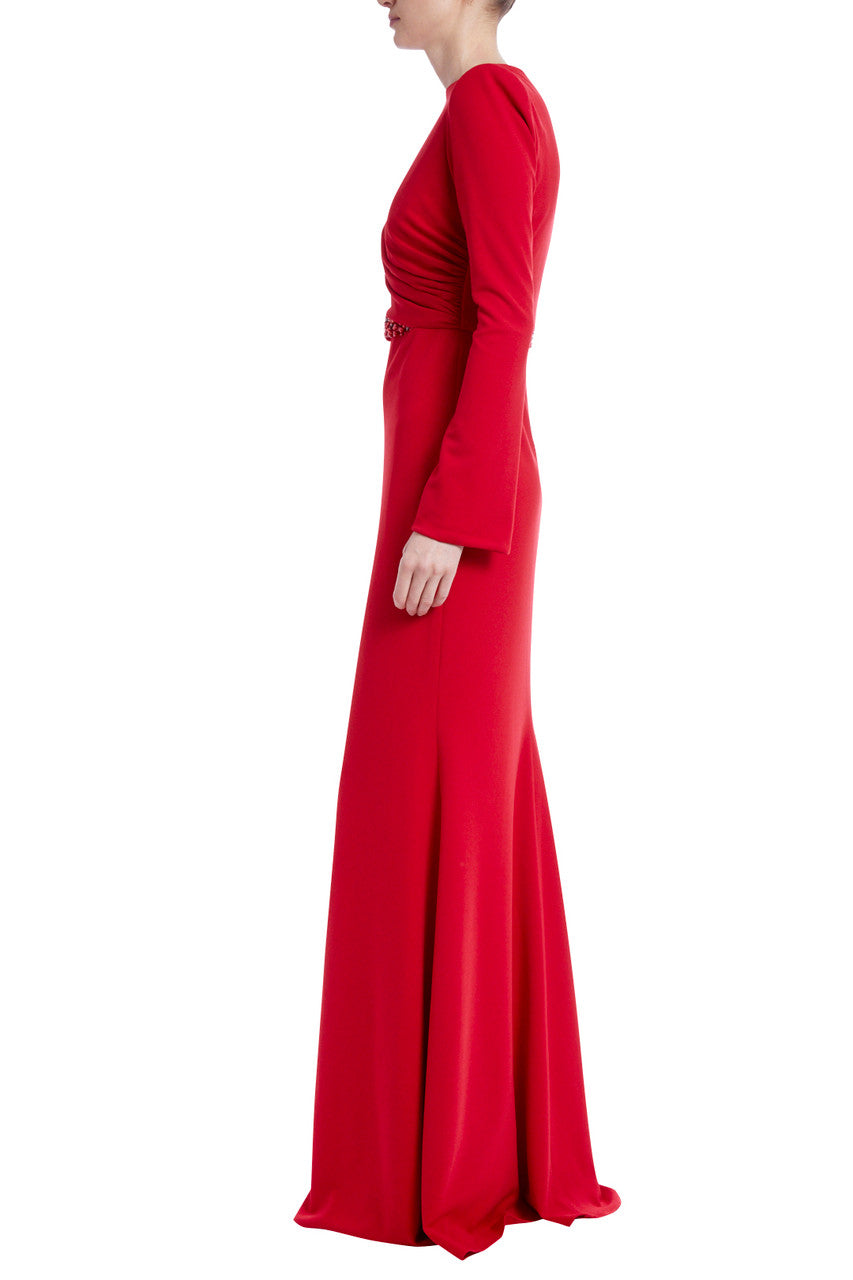 Red | Beaded Waist Gown with Long Sleeves
