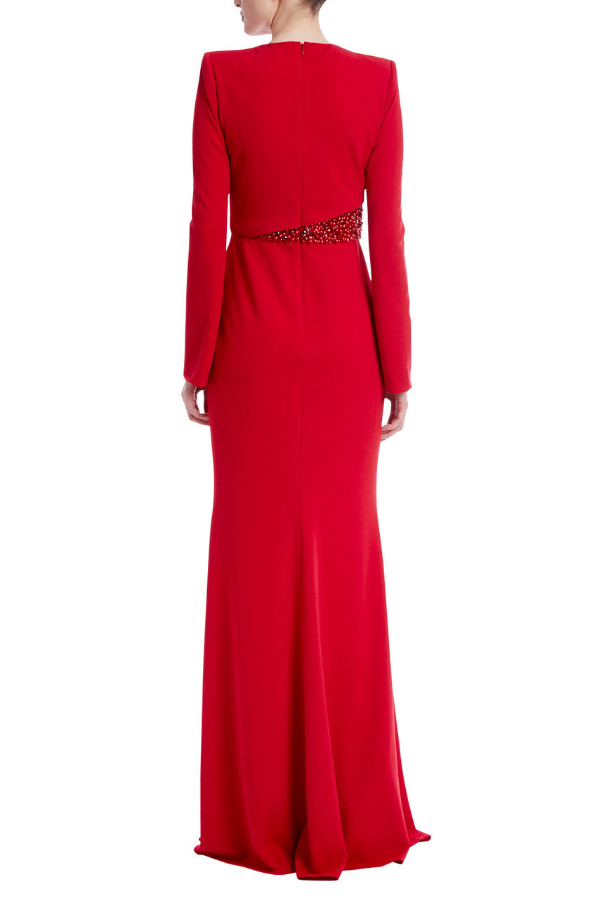 Red | Beaded Waist Gown with Long Sleeves