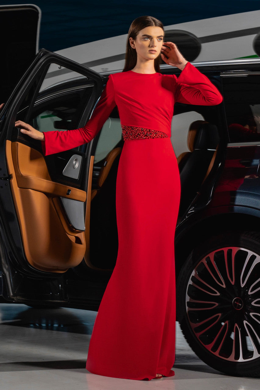 Red | Beaded Waist Gown with Long Sleeves