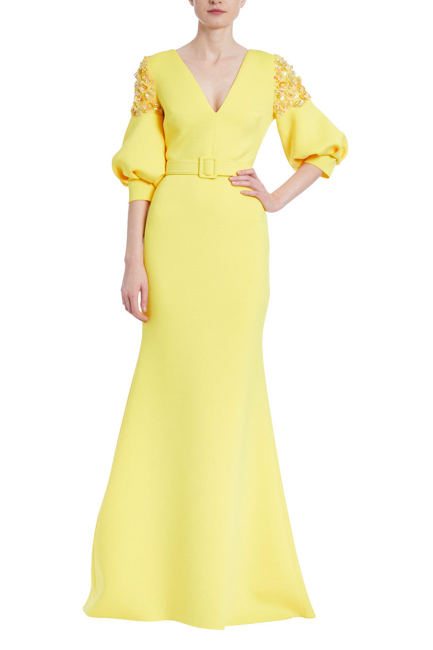 Yellow | Belted Embellished Shoulder Gown