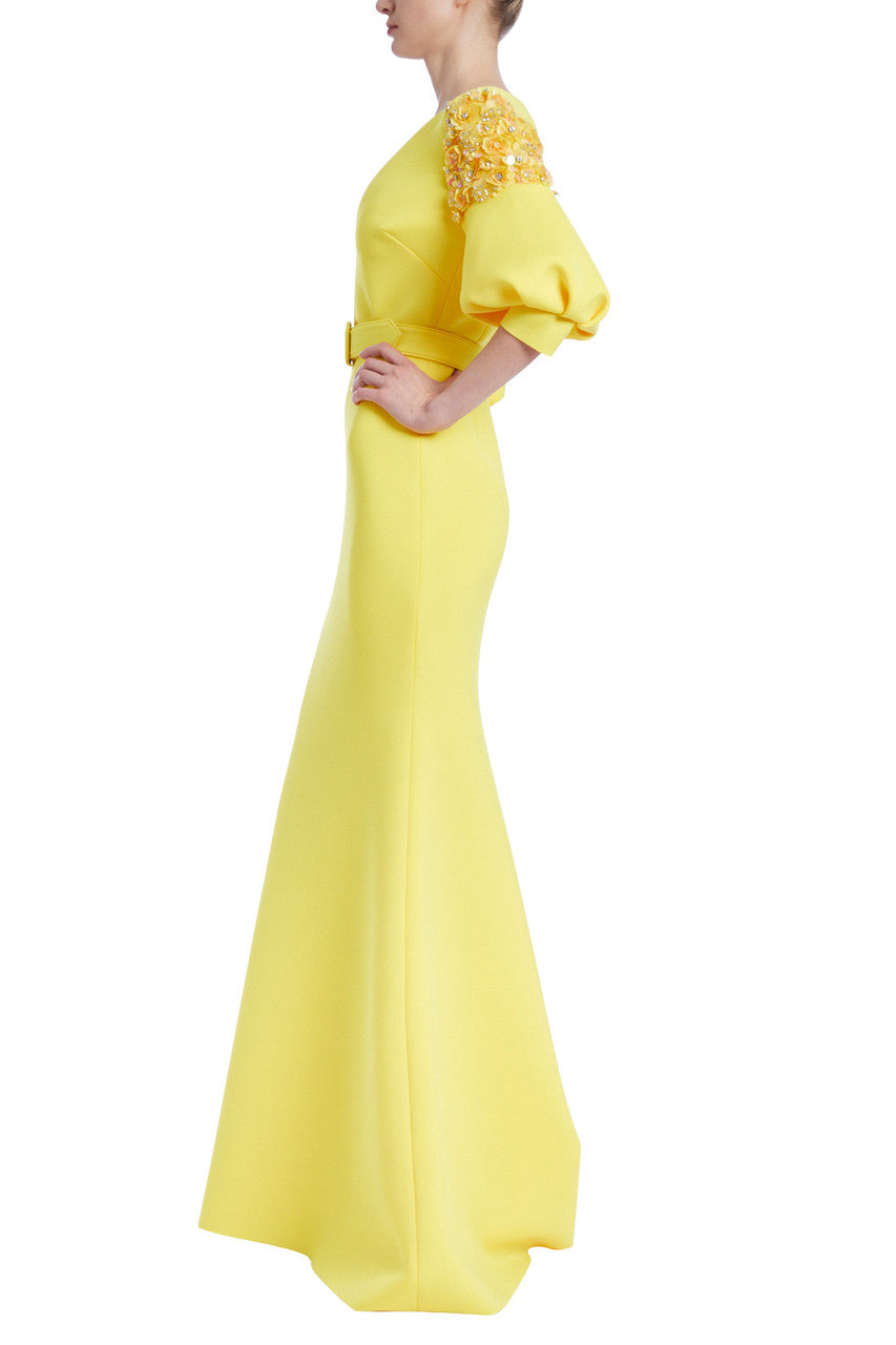 Yellow | Belted Embellished Shoulder Gown