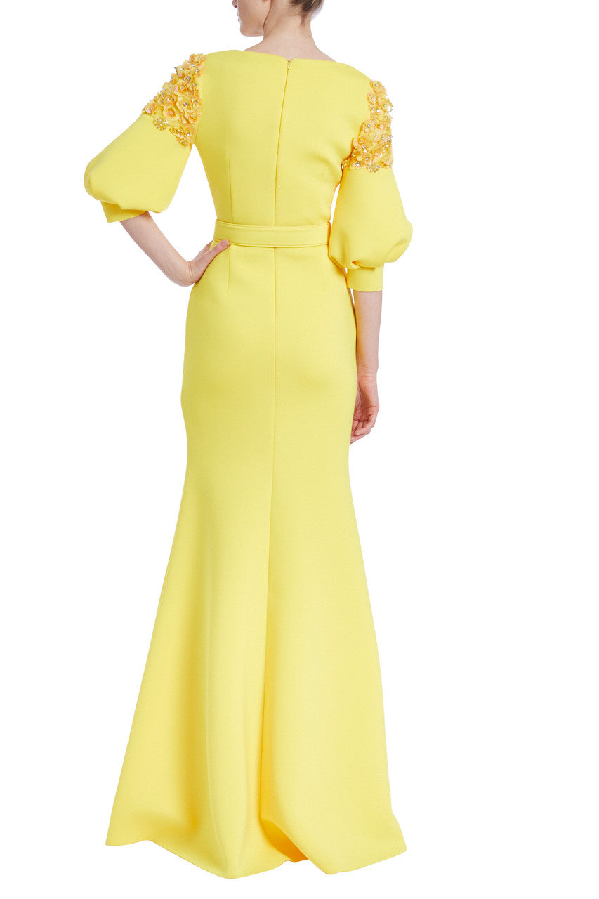 Yellow | Belted Embellished Shoulder Gown