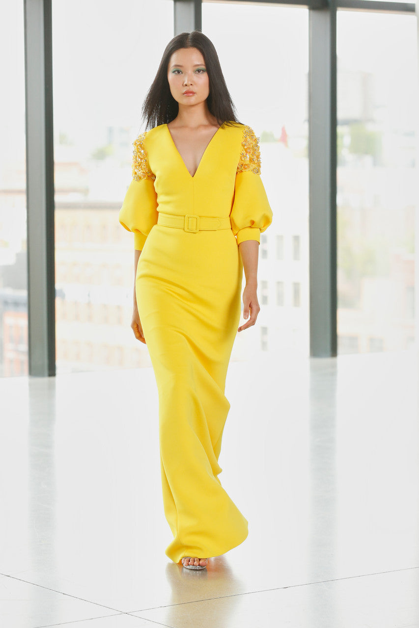 Yellow | Belted Embellished Shoulder Gown
