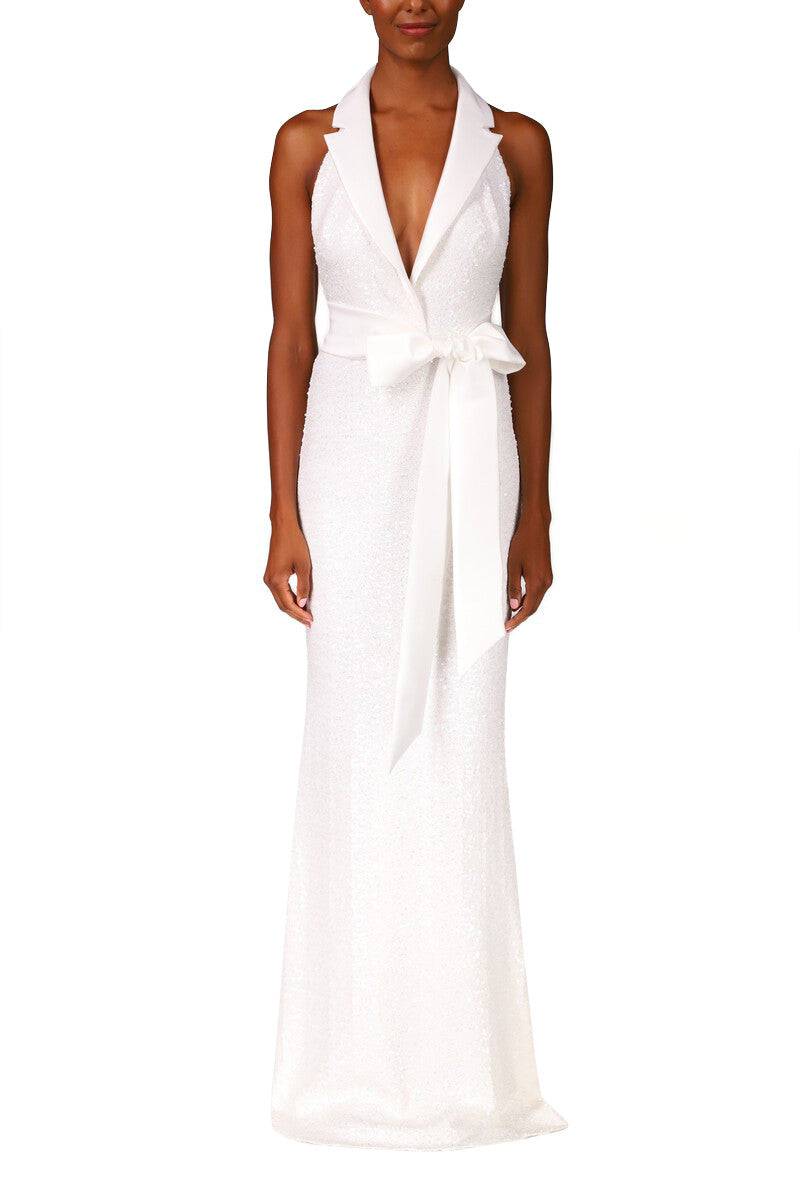 Light Ivory | White Sequin Tuxedo Halter Gown