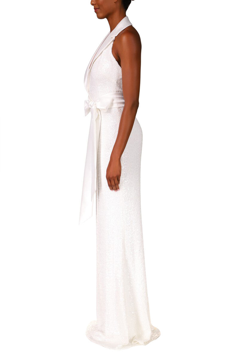 Light Ivory | White Sequin Tuxedo Halter Gown