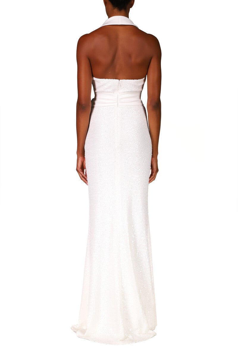 Light Ivory | White Sequin Tuxedo Halter Gown