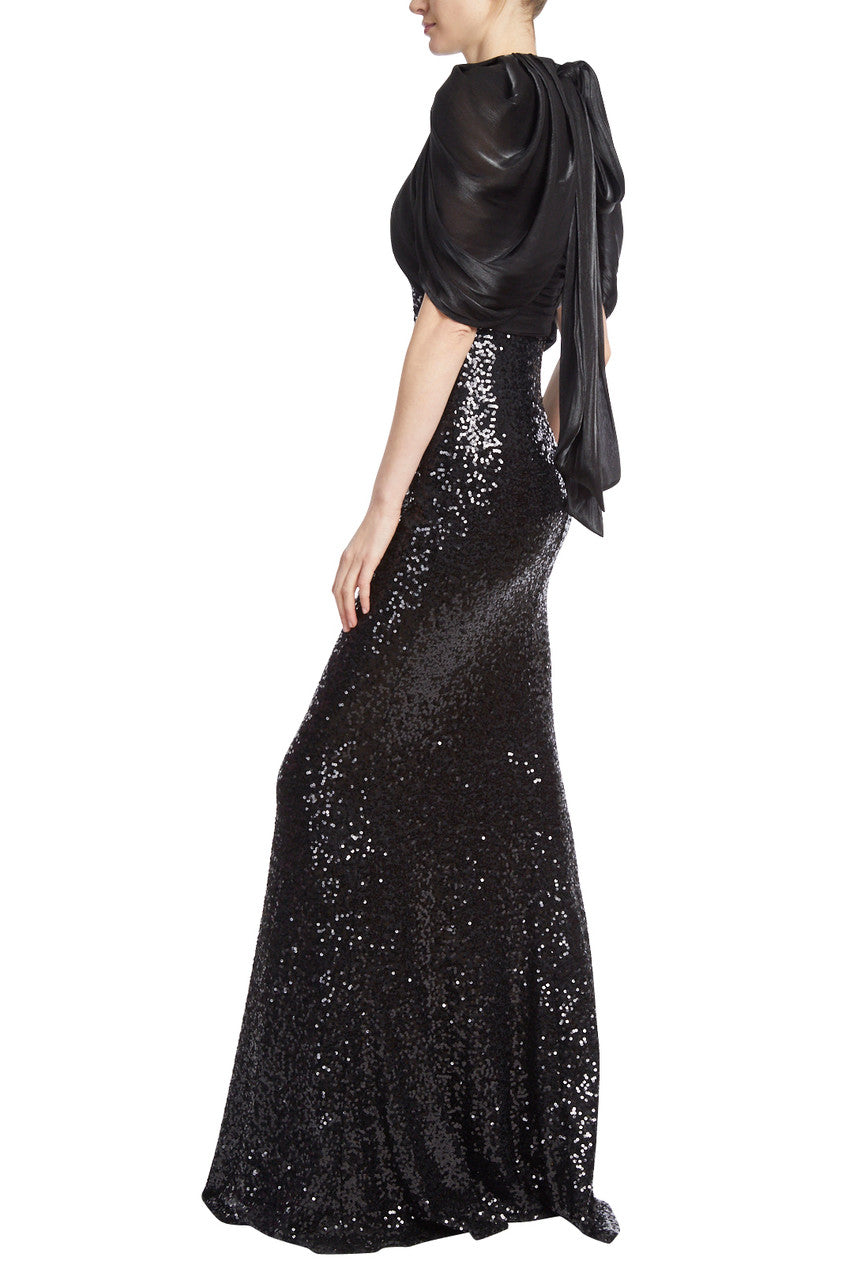 Black | Black Sequin Caped Gown