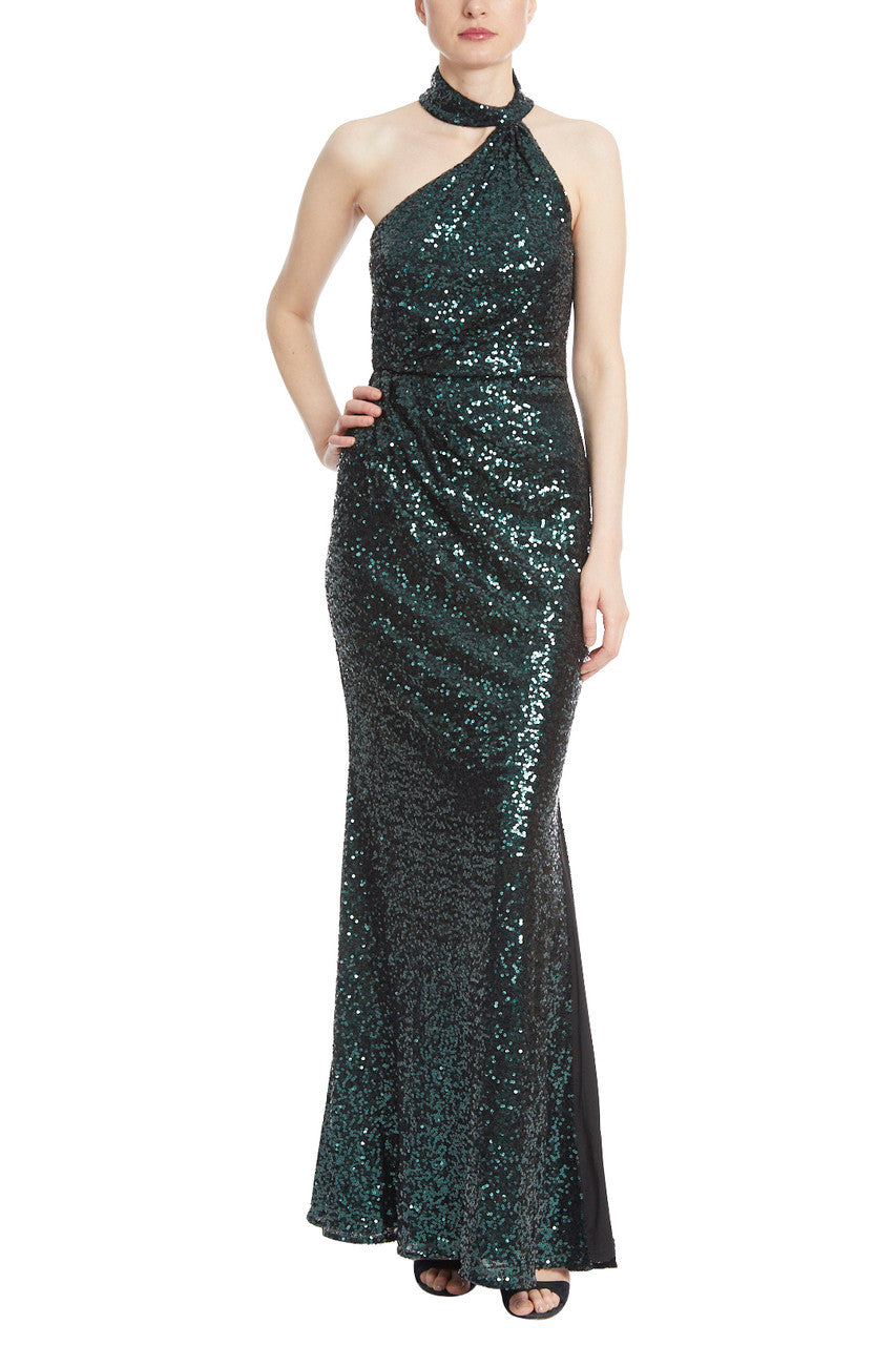 Emerald | Emerald Sequin Asymmetrical Halter Gown