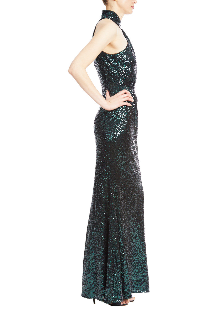 Emerald | Emerald Sequin Asymmetrical Halter Gown