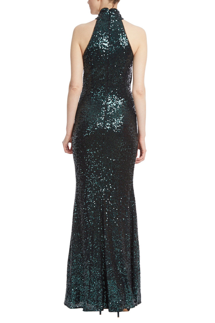 Emerald | Emerald Sequin Asymmetrical Halter Gown