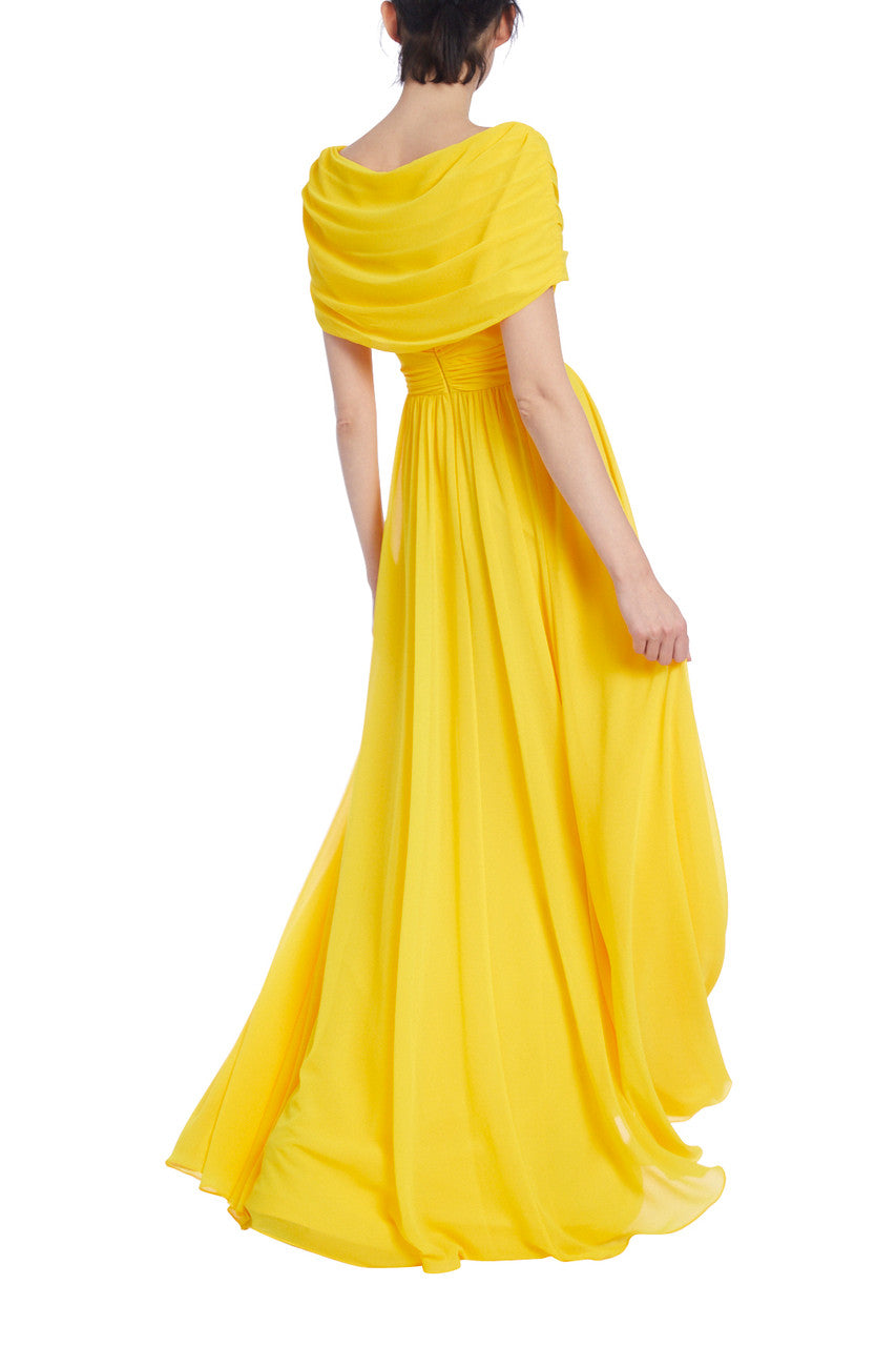Lemon | Lemon-Yellow Pleated Evening Gown with Ruched Bodice