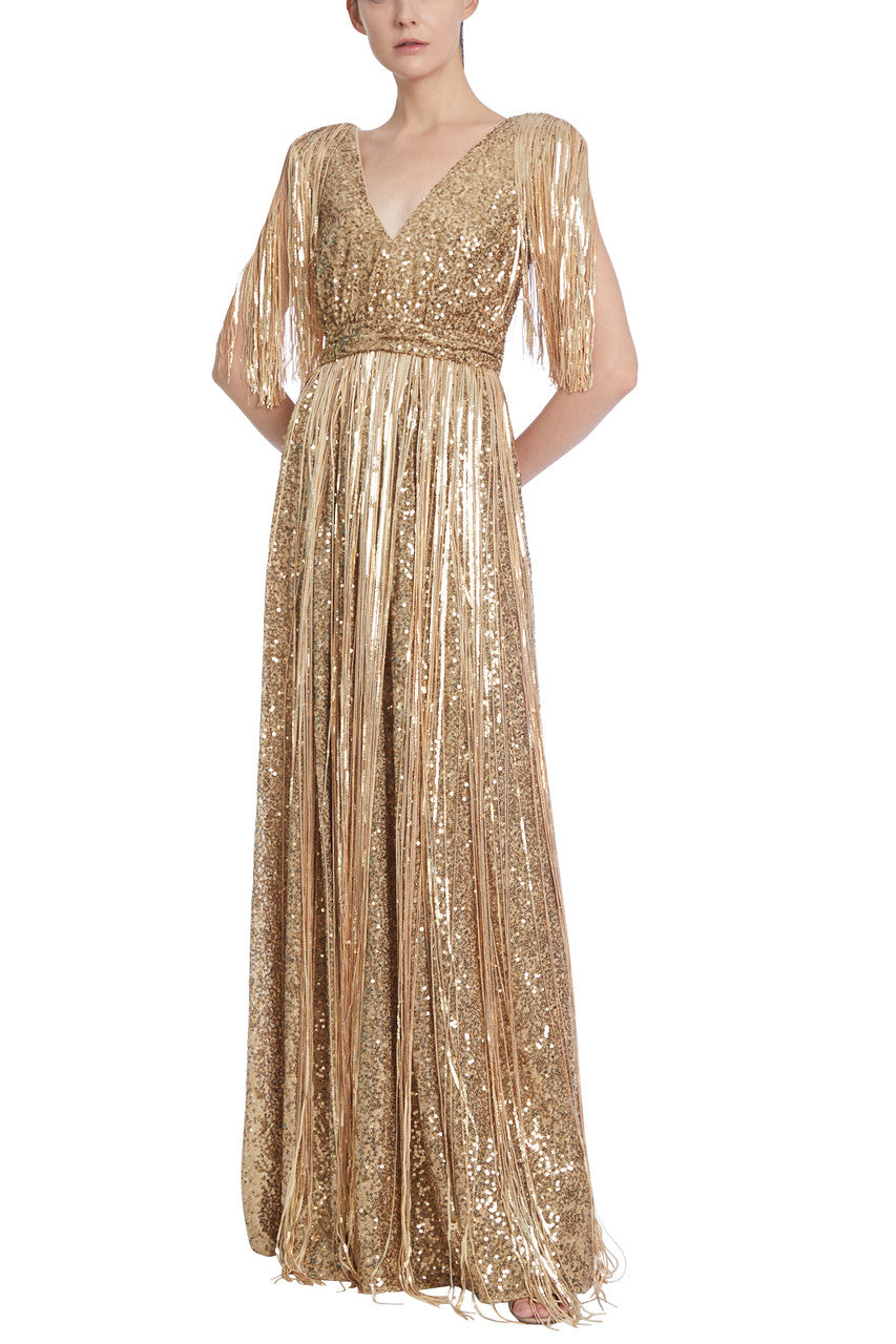 Gold | Gold Sequined Evening Gown with Fringes