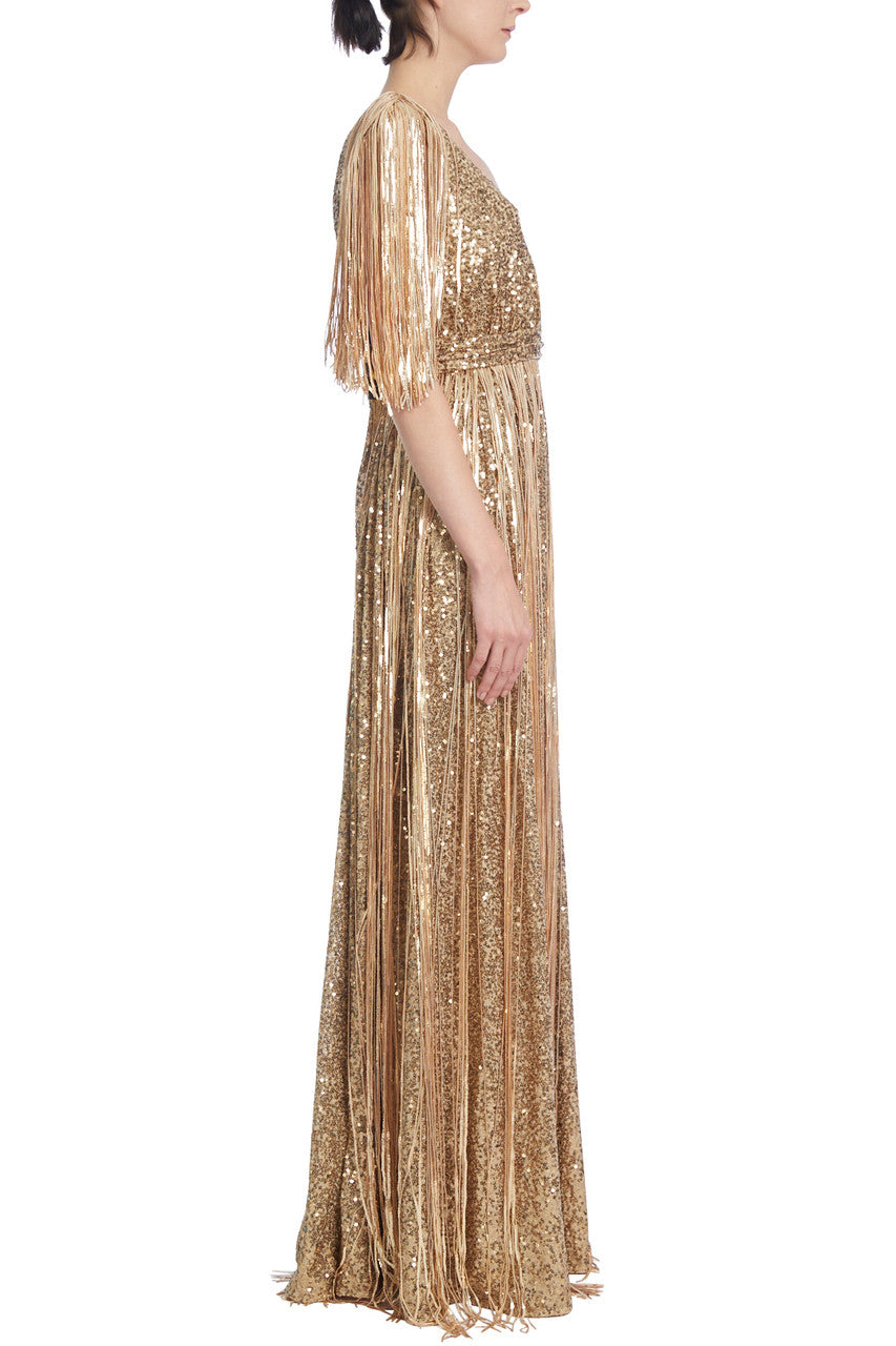 Gold | Gold Sequined Evening Gown with Fringes