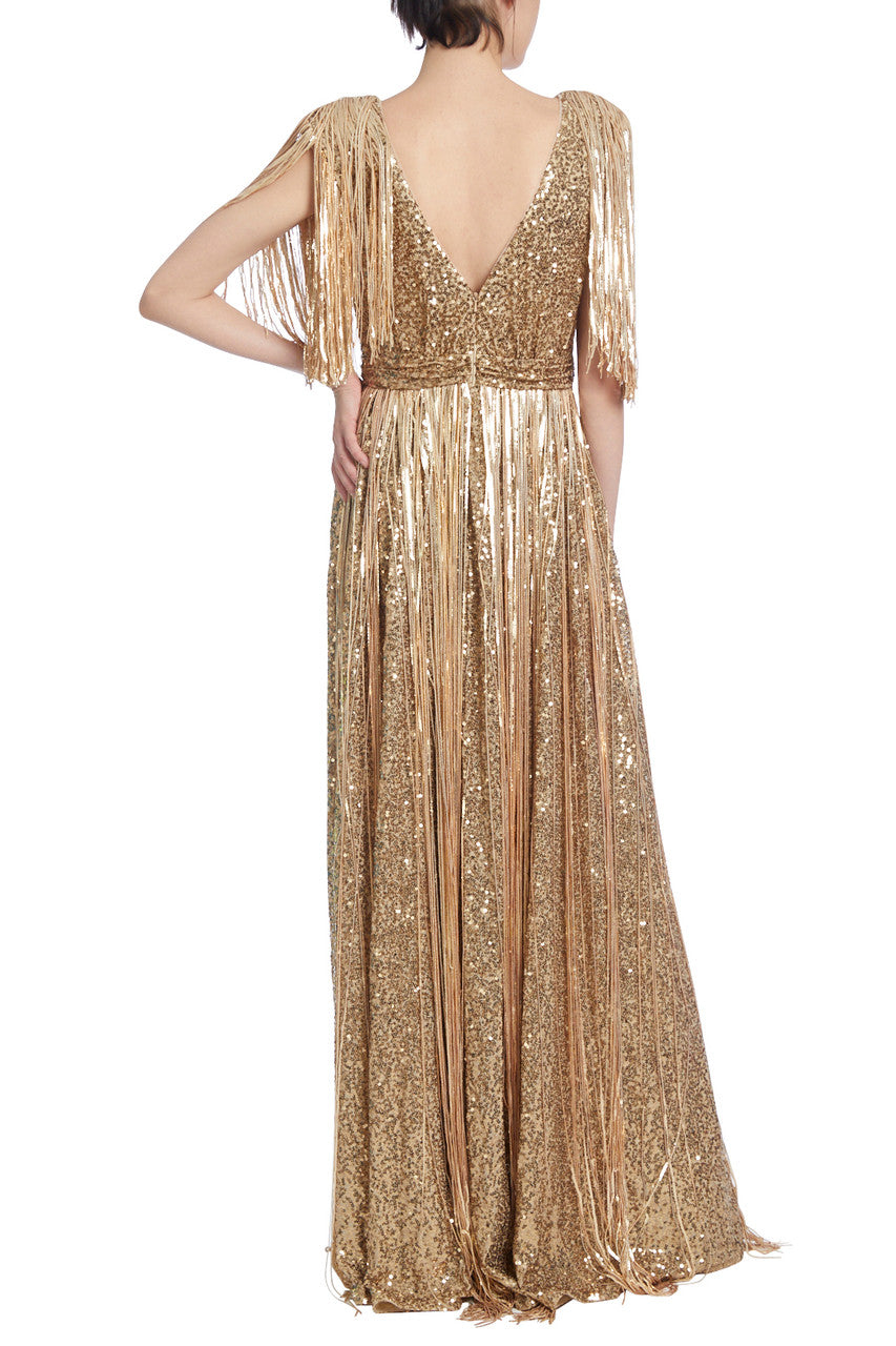 Gold | Gold Sequined Evening Gown with Fringes