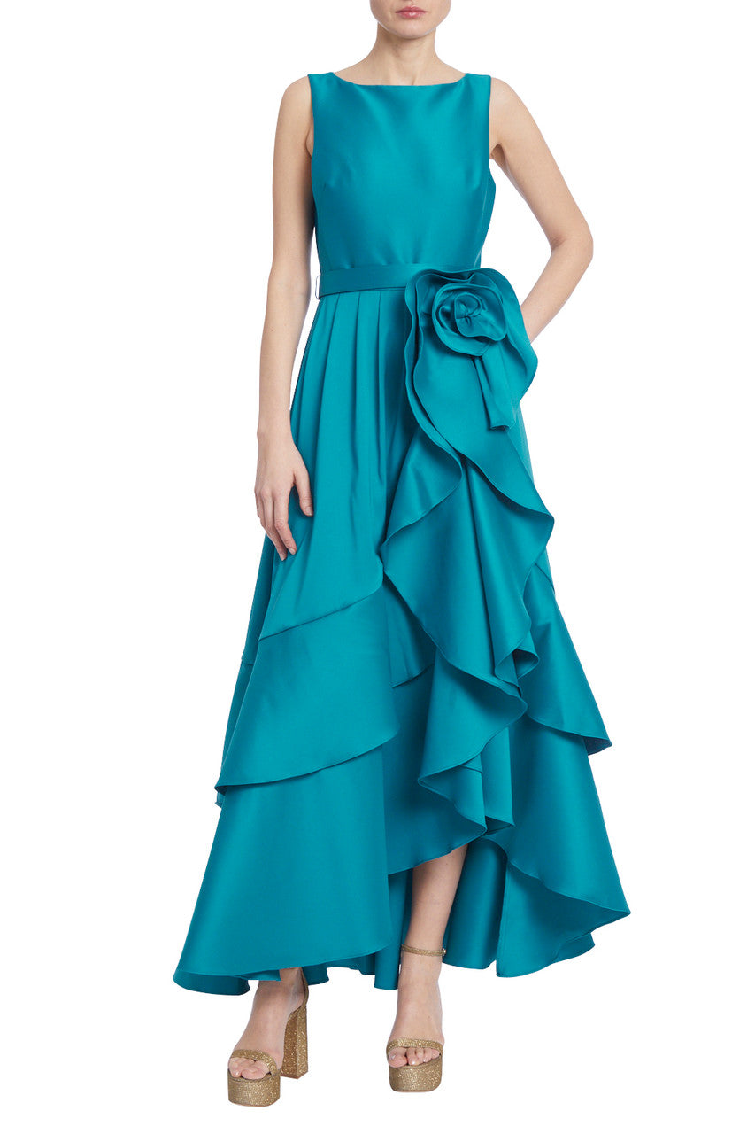 Teal | Cascading Ruffle Gown with Rosette Detail