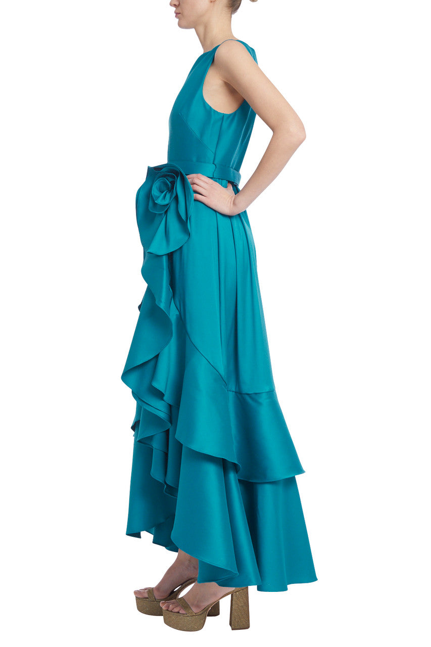 Teal | Cascading Ruffle Gown with Rosette Detail