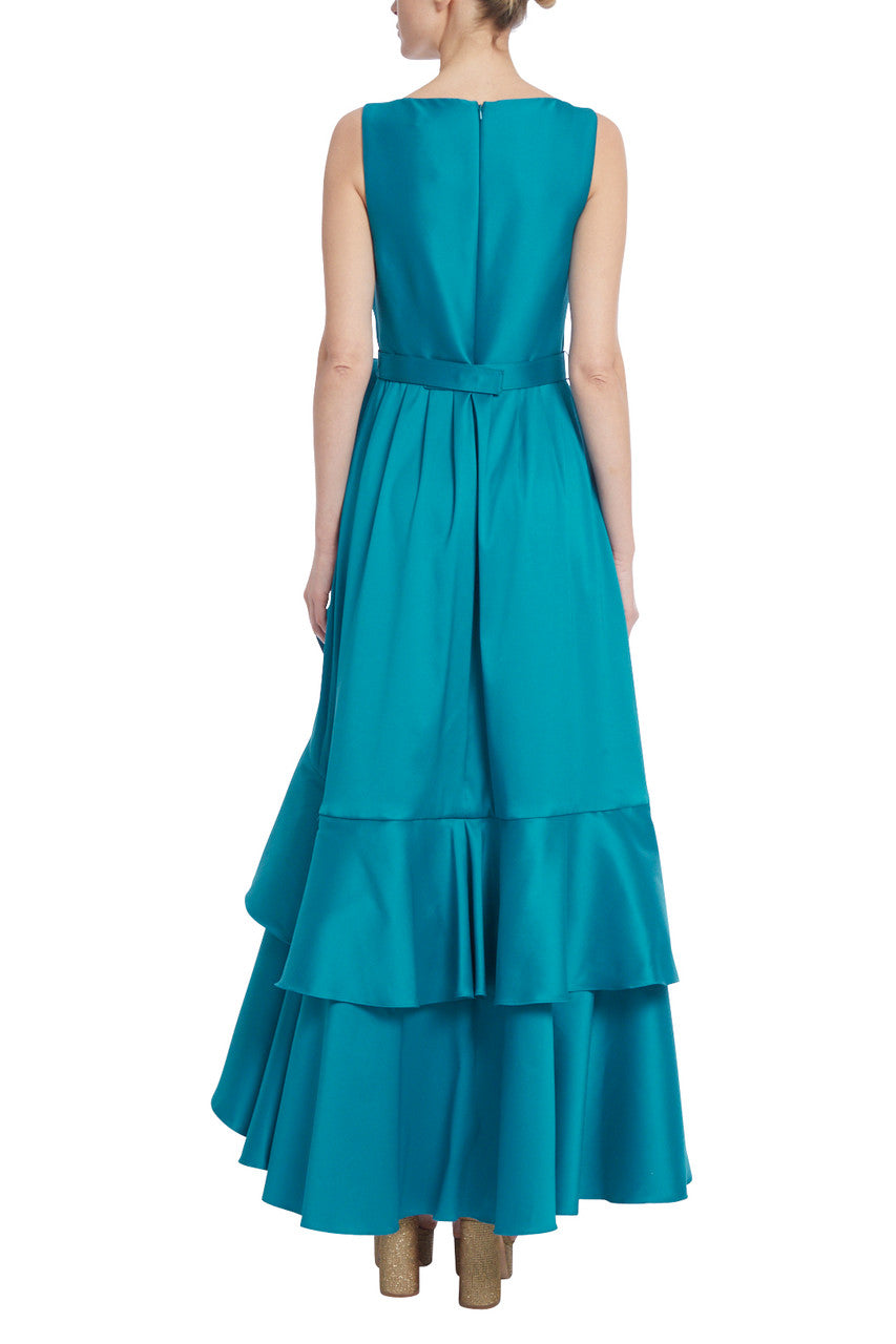 Teal | Cascading Ruffle Gown with Rosette Detail