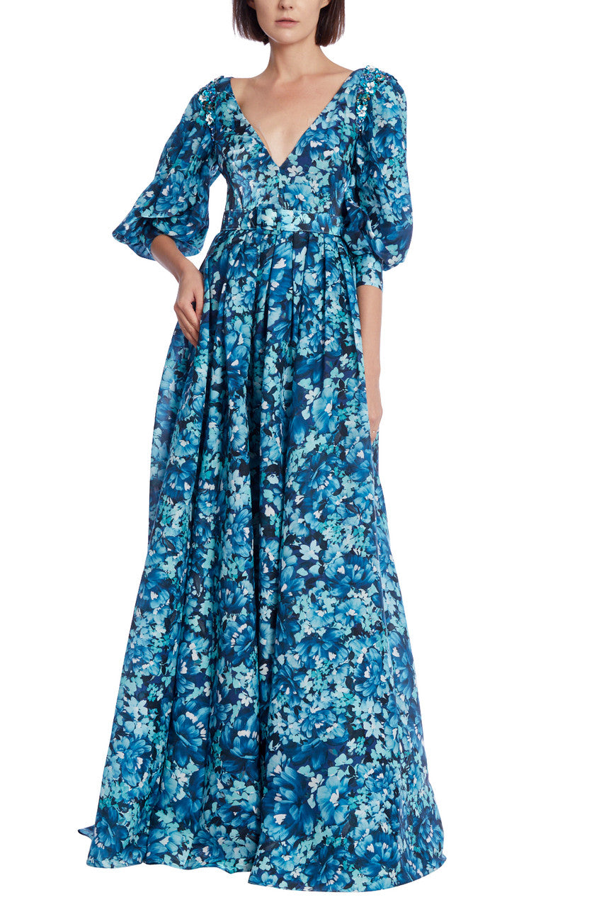 Teal Multi | Floral Print Puff Sleeve Maxi Gown