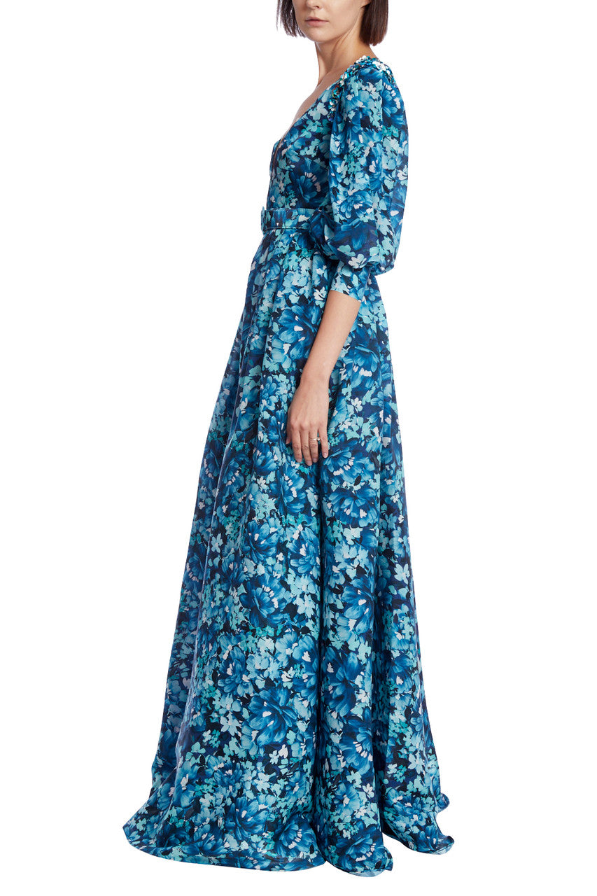 Teal Multi | Floral Print Puff Sleeve Maxi Gown