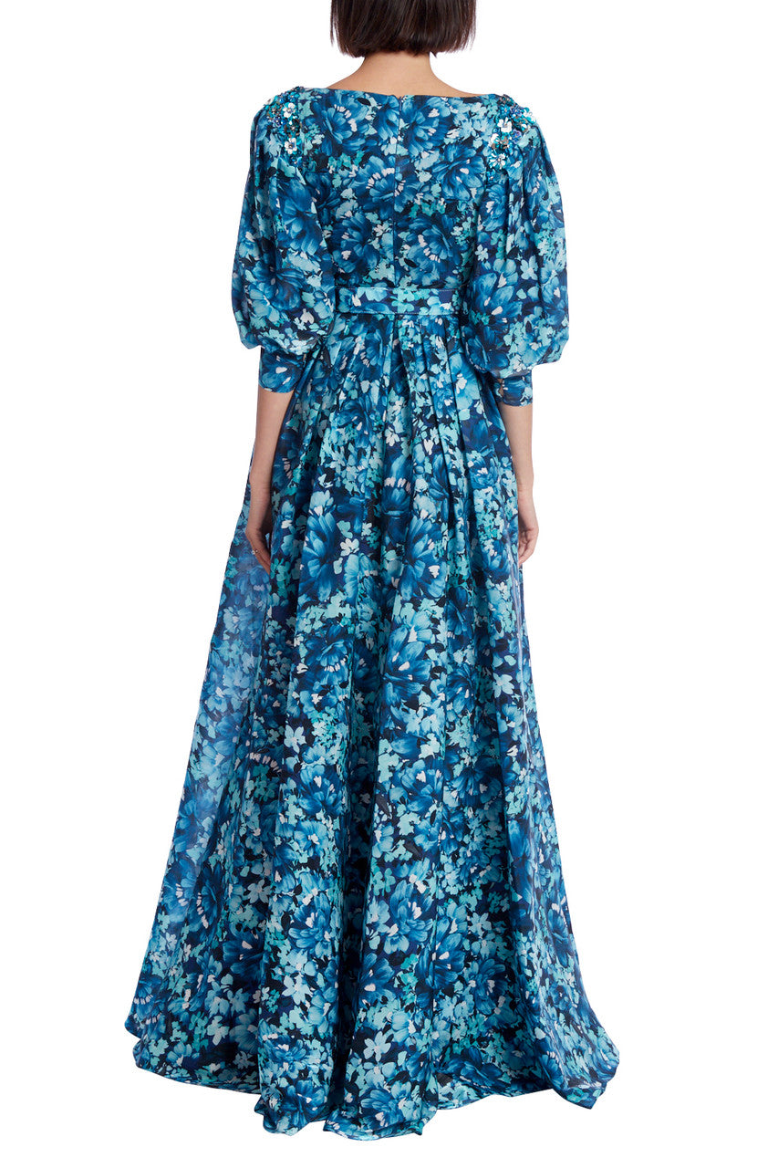 Teal Multi | Floral Print Puff Sleeve Maxi Gown