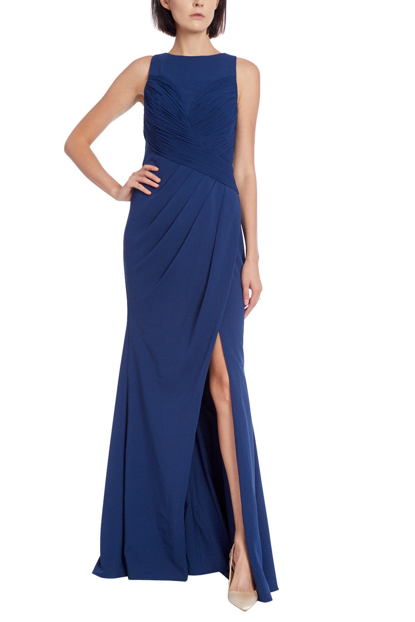 Midnight Blue | Pleated Crossover Gown with Side Slit