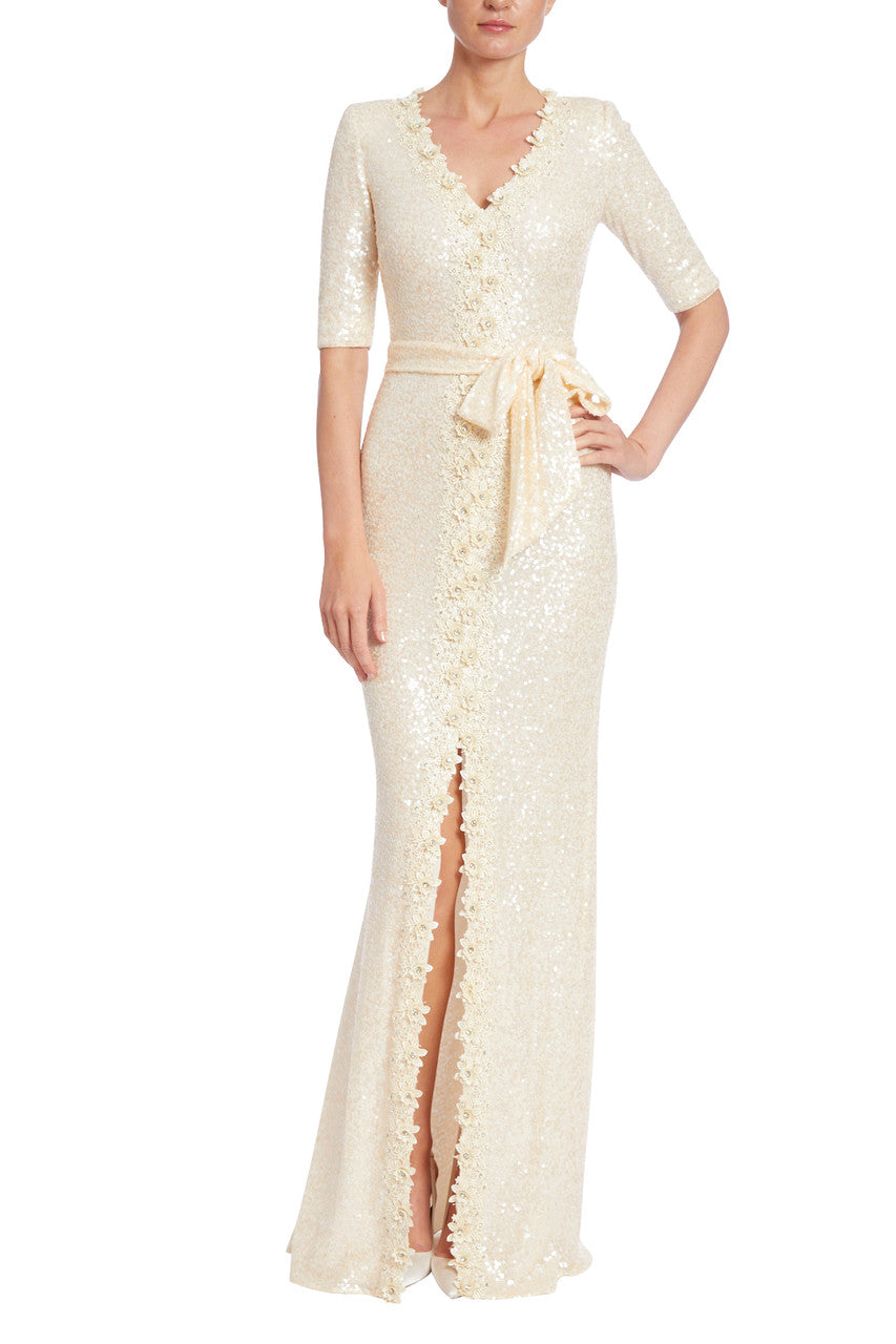 Eggshell | Sequined Evening Gown with Crystal Lace Trim