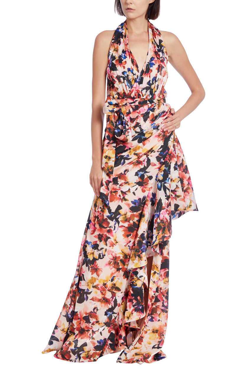 Violet Multi | Floral Print Halter Gown with Drape