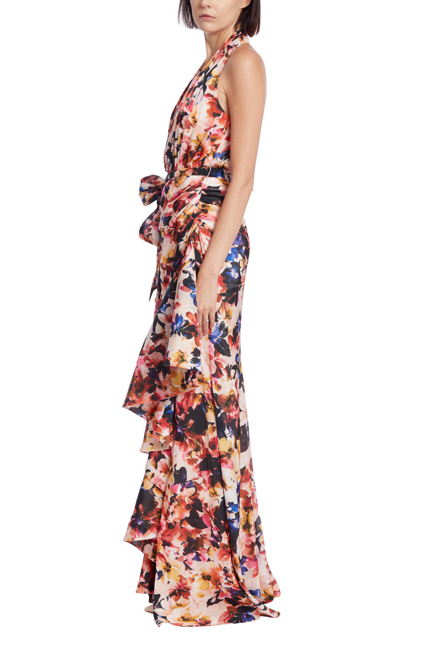 Violet Multi | Floral Print Halter Gown with Drape