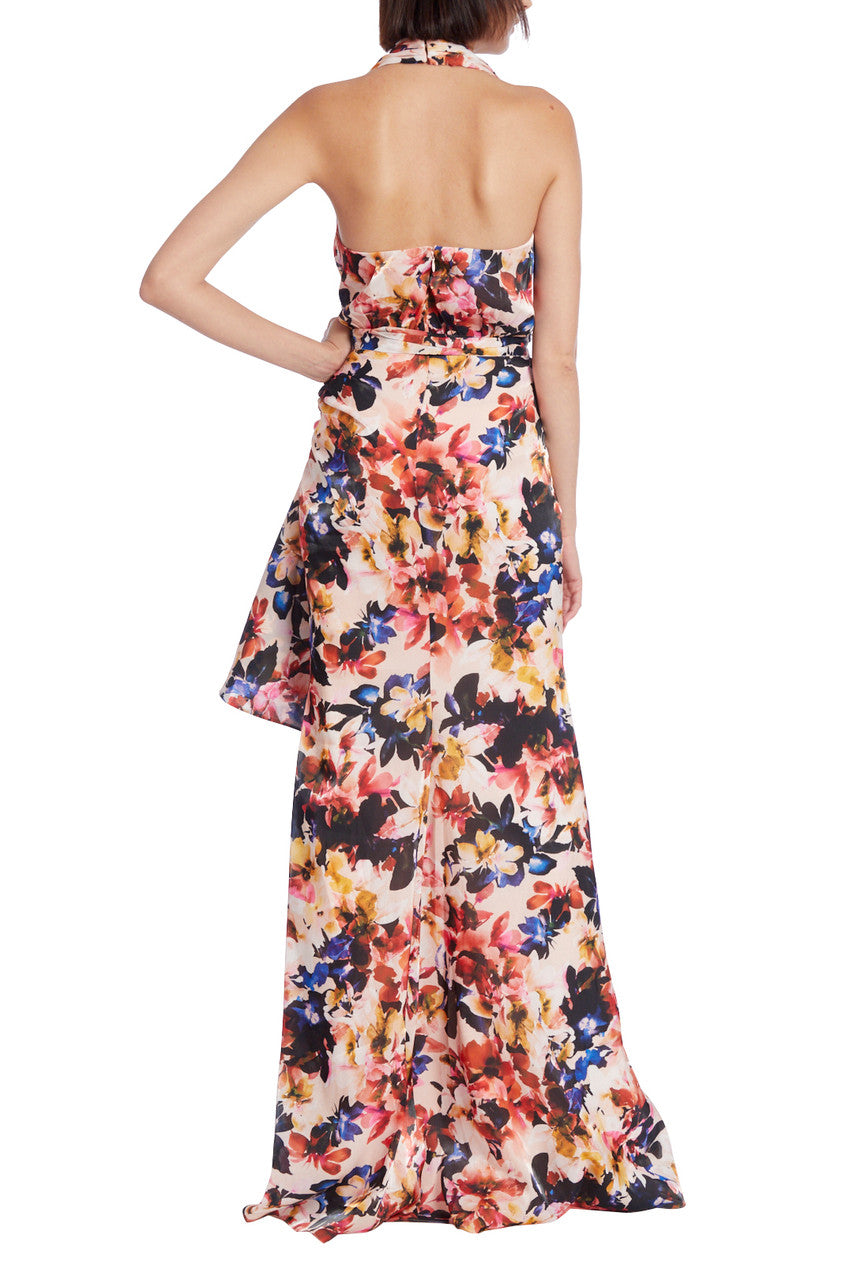 Violet Multi | Floral Print Halter Gown with Drape