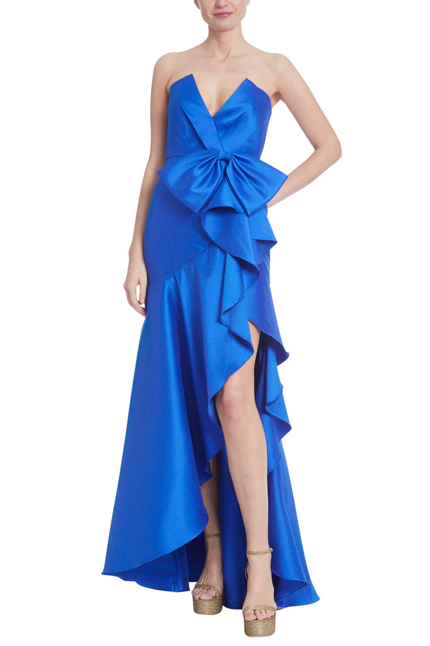 Marine | Strapless Bow Column Gown with Ruffled Leg Slit
