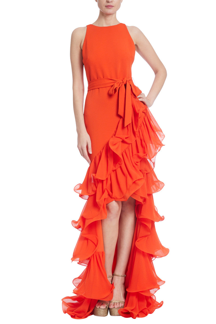 Papaya | Asymmetrical Ruffled Skirt Column Gown