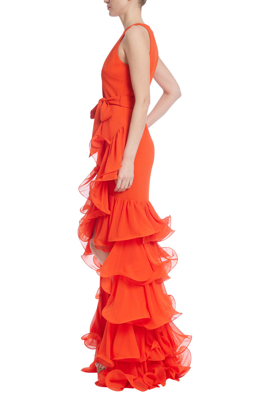 Papaya | Asymmetrical Ruffled Skirt Column Gown