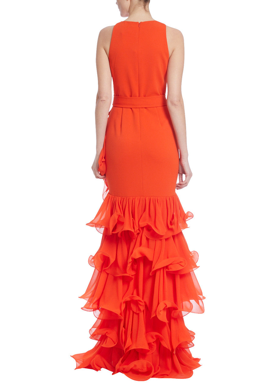 Papaya | Asymmetrical Ruffled Skirt Column Gown