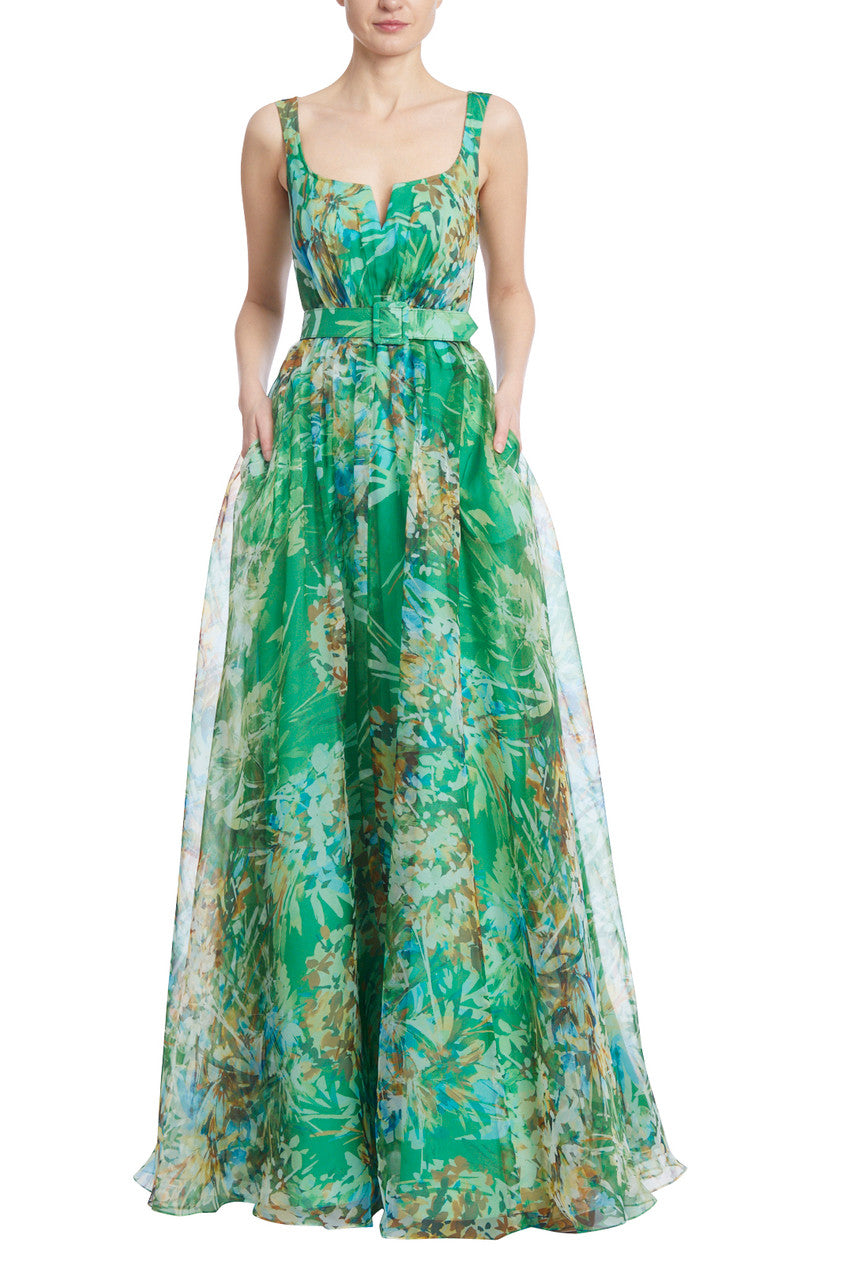 Green Multi | Silk Organza Floral A-Line Gown
