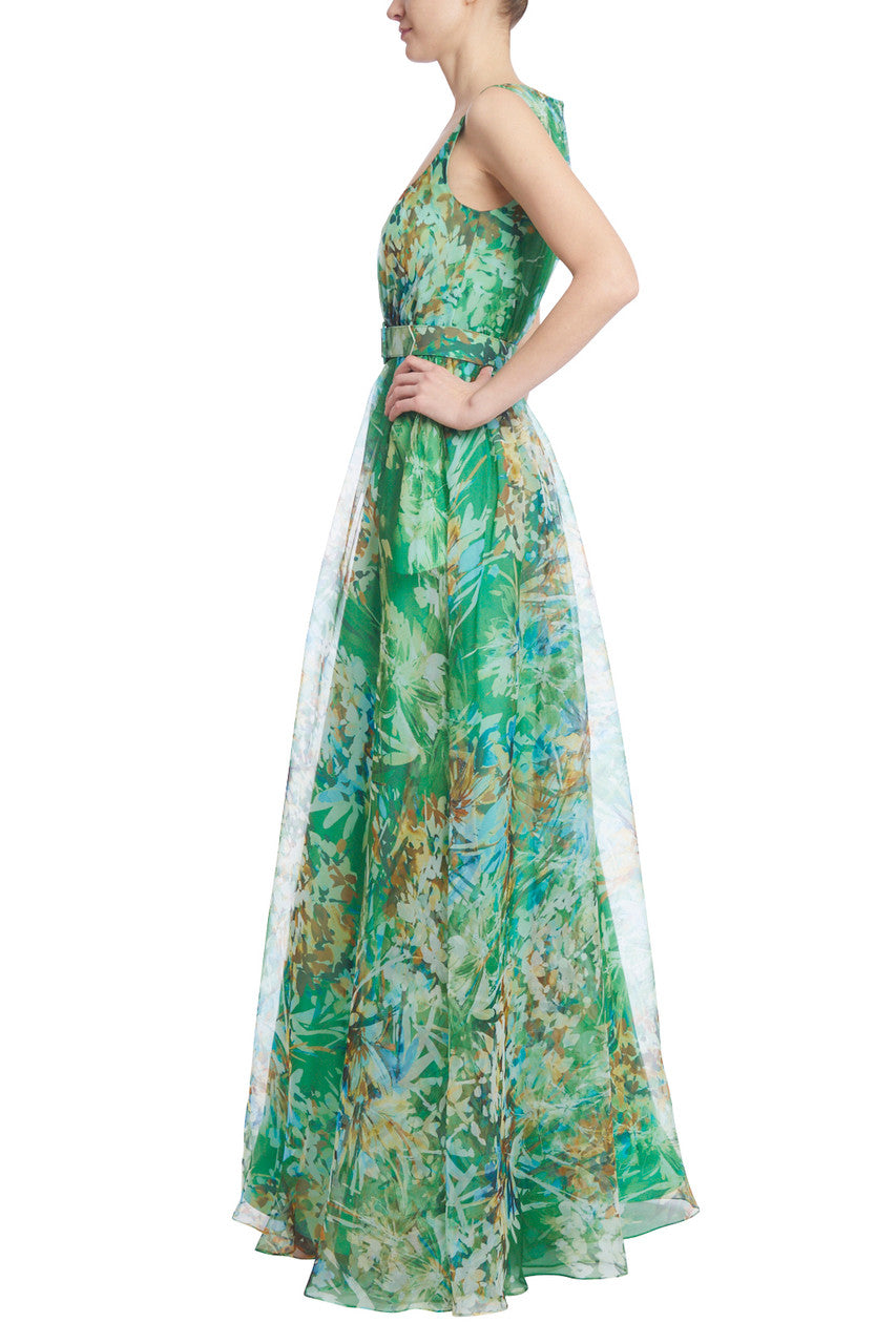 Green Multi | Silk Organza Floral A-Line Gown