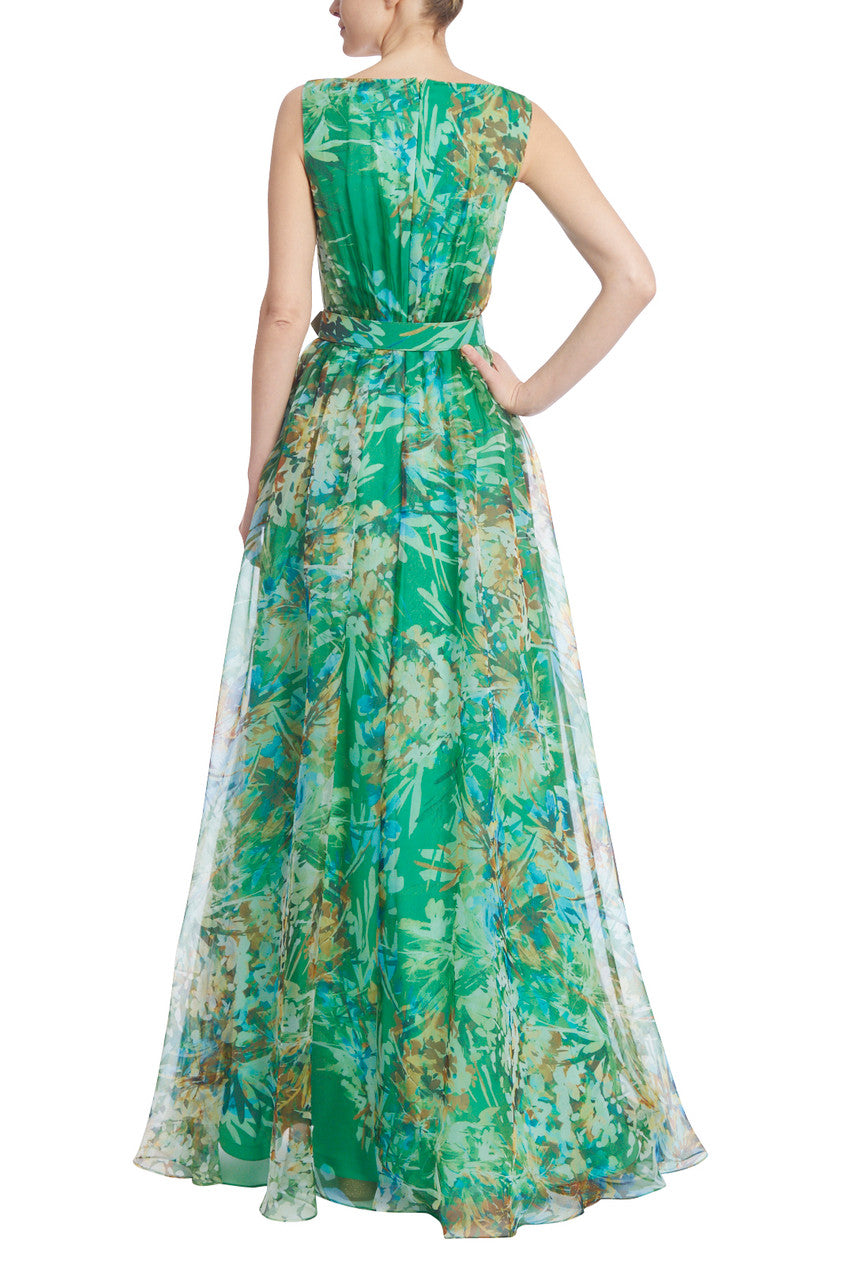 Green Multi | Silk Organza Floral A-Line Gown