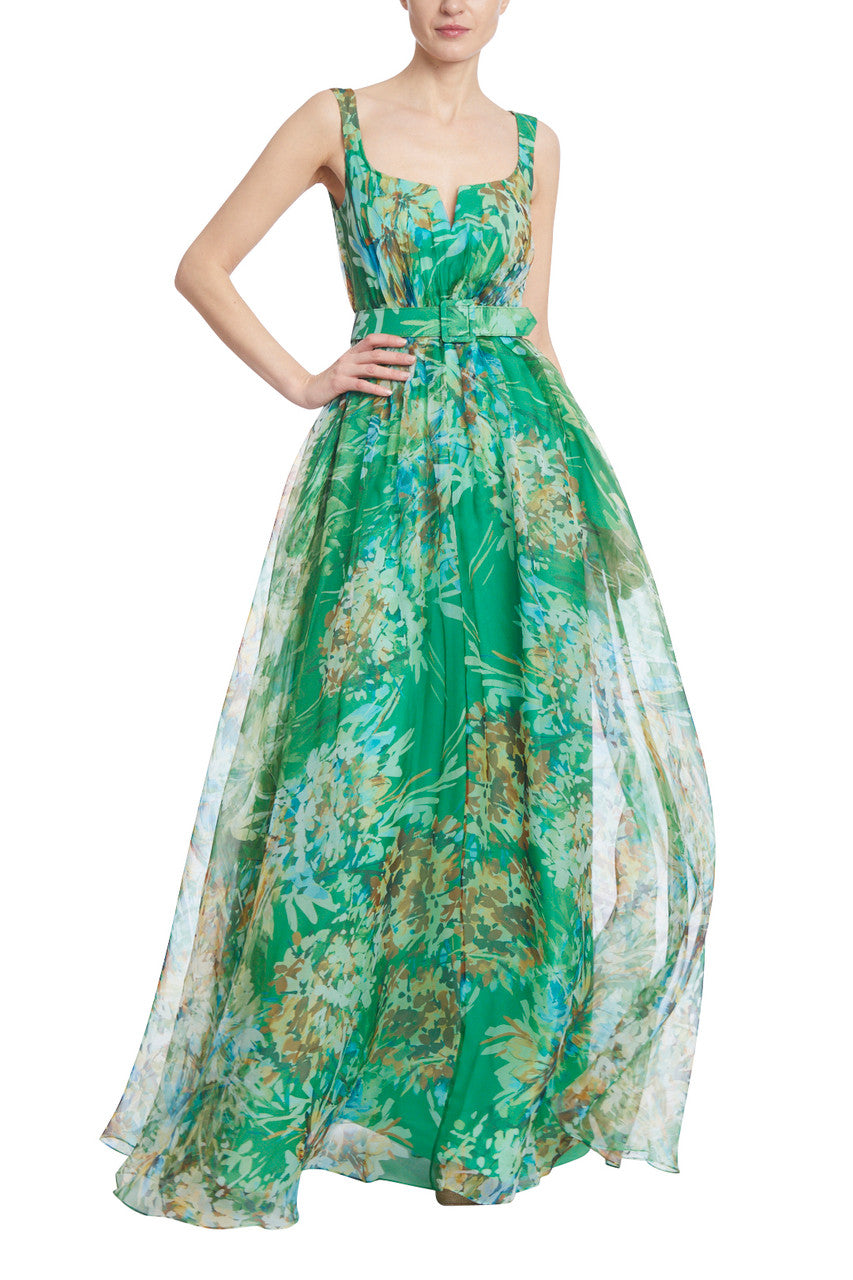 Green Multi | Silk Organza Floral A-Line Gown