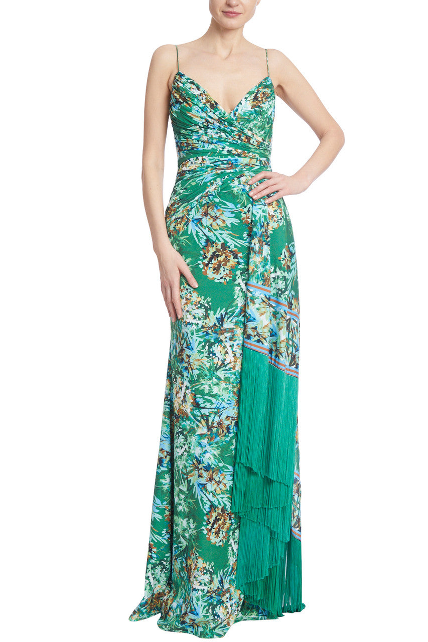 Green Multi | Printed Wrap Maxi Gown with Fringe