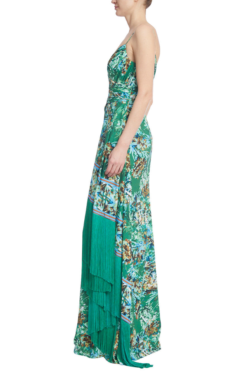 Green Multi | Printed Wrap Maxi Gown with Fringe