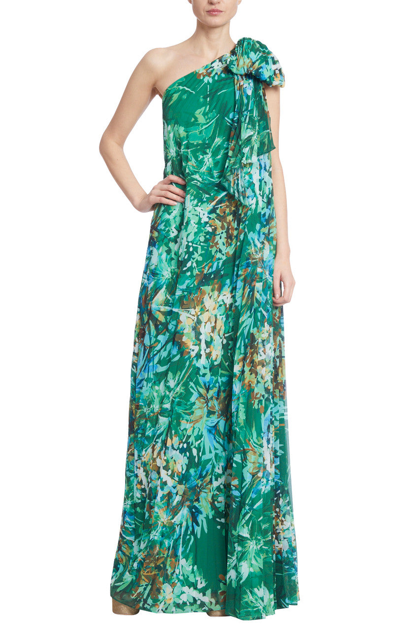 Green Multi | Botanical Bowed One-Shoulder Caftan