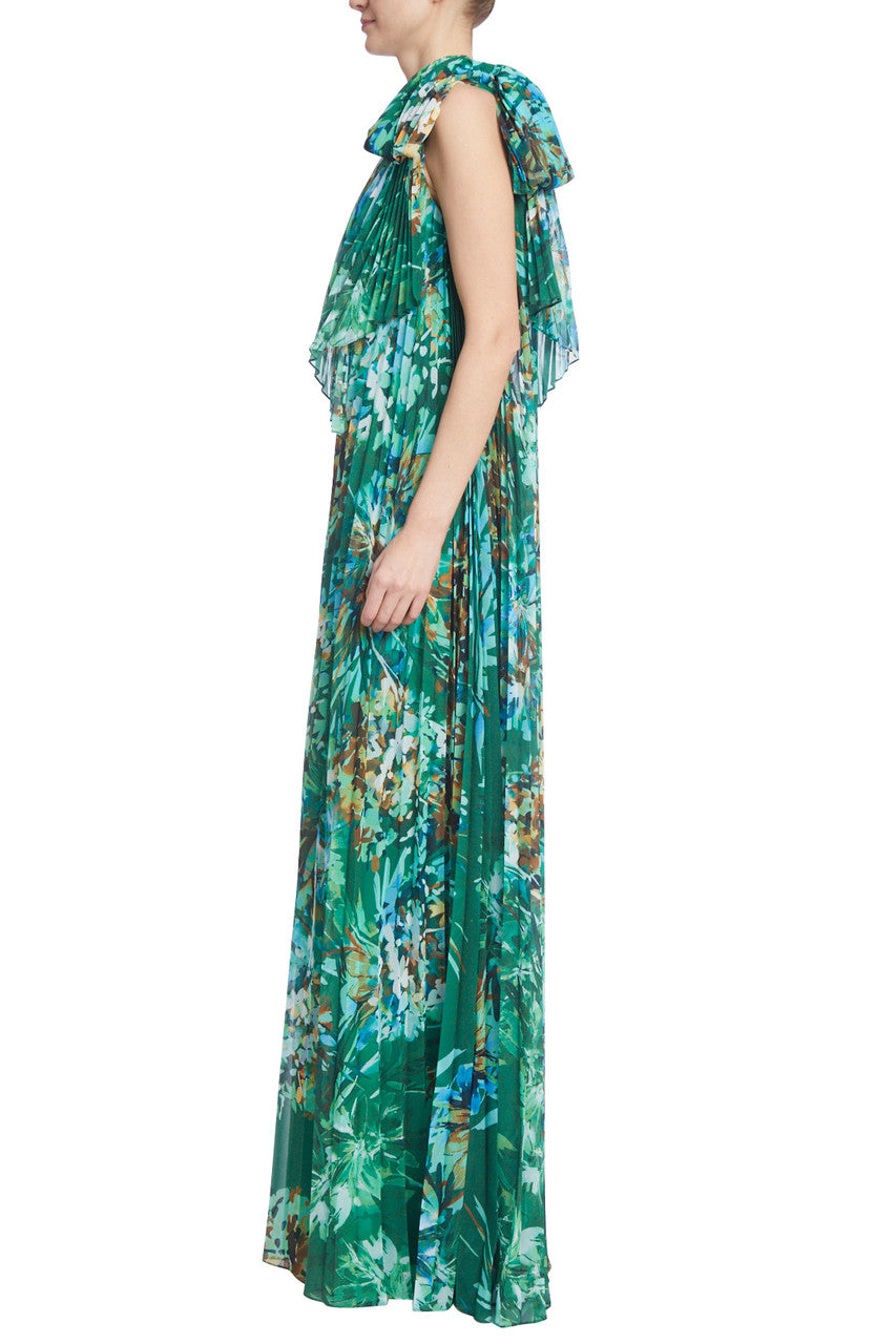 Green Multi | Botanical Bowed One-Shoulder Caftan