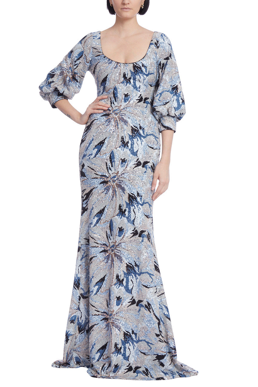 Blue Multi | Floral Sequin Gown with Balloon Sleeves