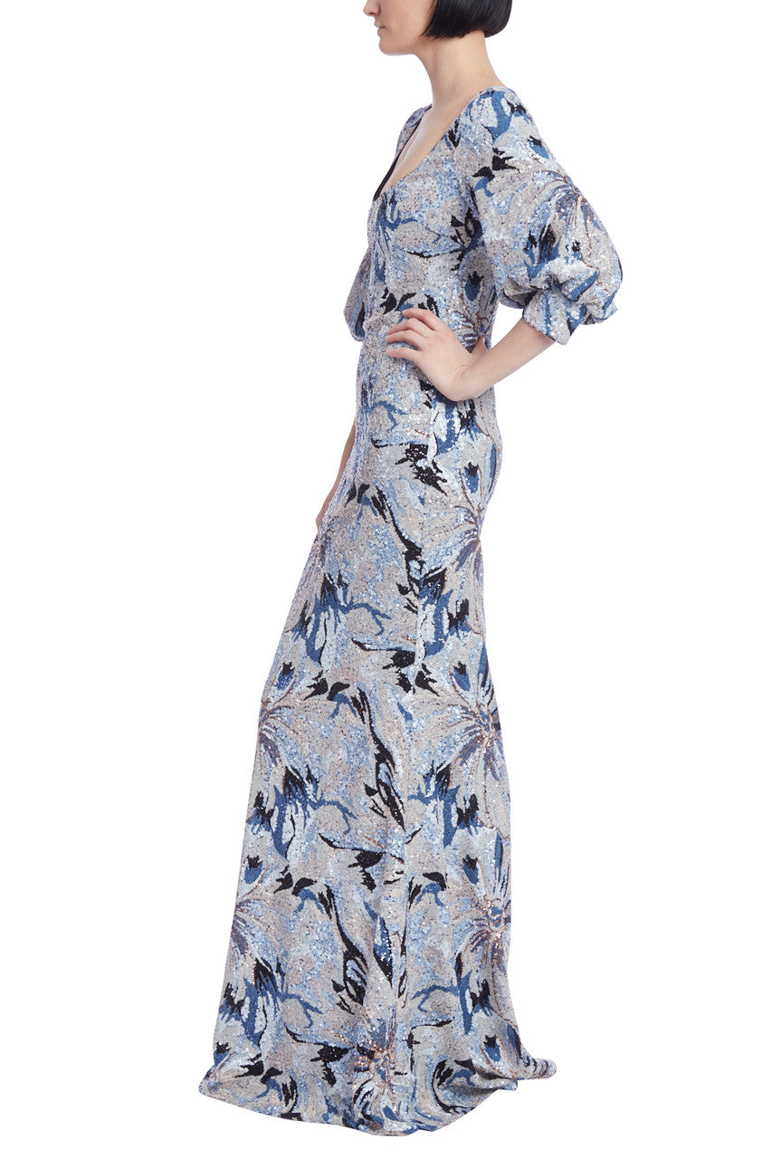 Blue Multi | Floral Sequin Gown with Balloon Sleeves