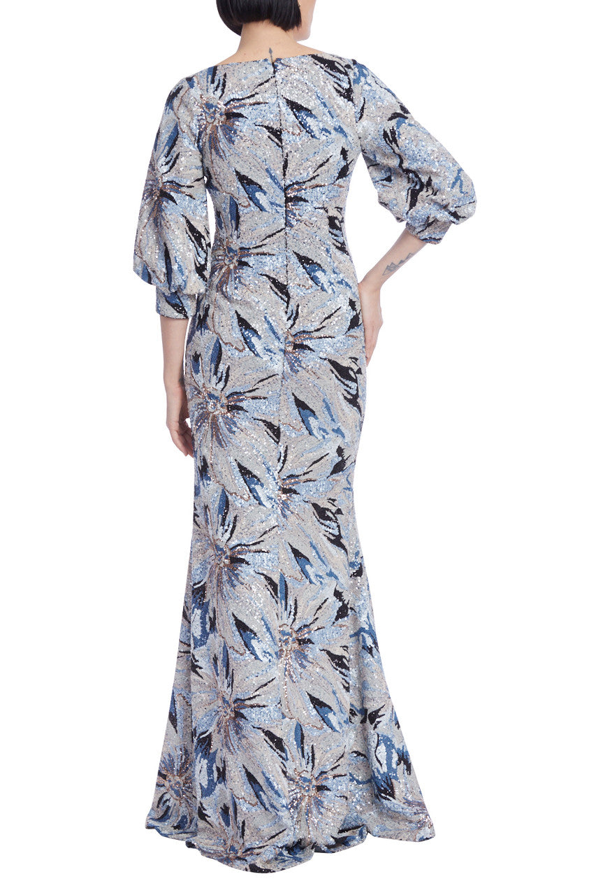 Blue Multi | Floral Sequin Gown with Balloon Sleeves
