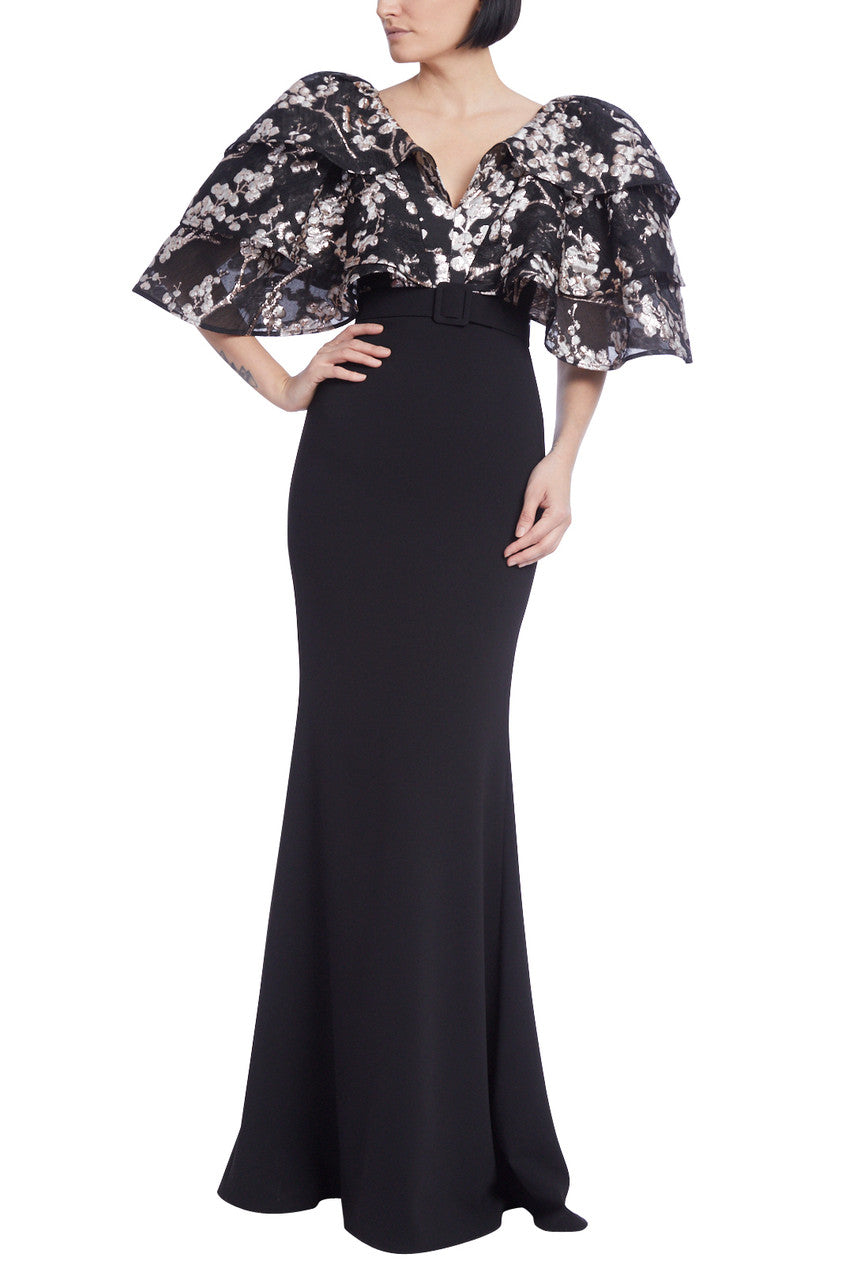 Black Multi | Fitted Crepe Gown with Tiered Jacquard Floral Sleeves