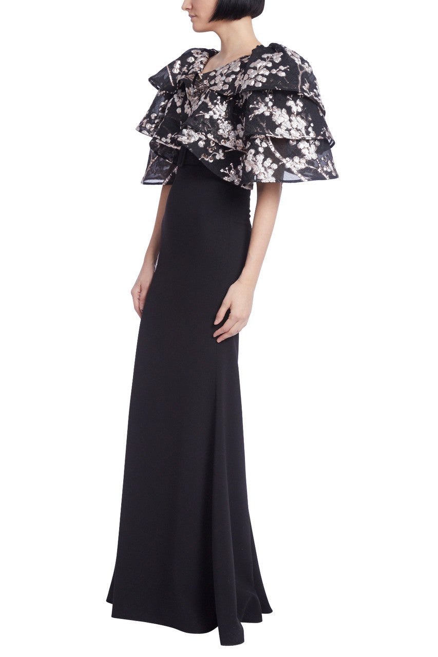Black Multi | Fitted Crepe Gown with Tiered Jacquard Floral Sleeves