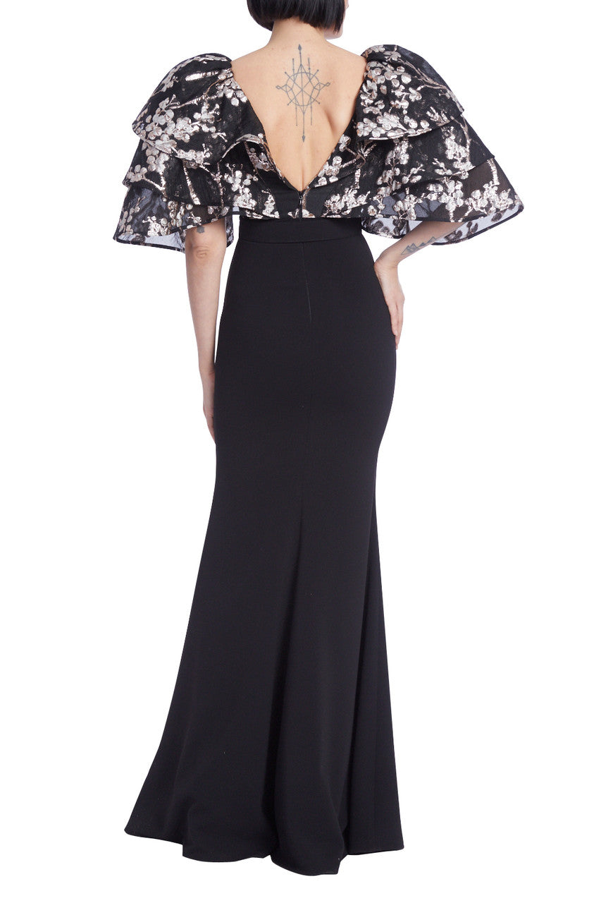 Black Multi | Fitted Crepe Gown with Tiered Jacquard Floral Sleeves