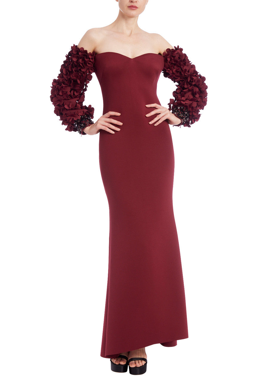 Wine | Off-Shoulder Petal Sleeve Gown